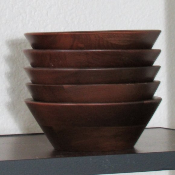 Vintage Mid Century Modern Vermillion Real Walnut Set of 5 Salad Bowls 6" - Picture 2 of 6